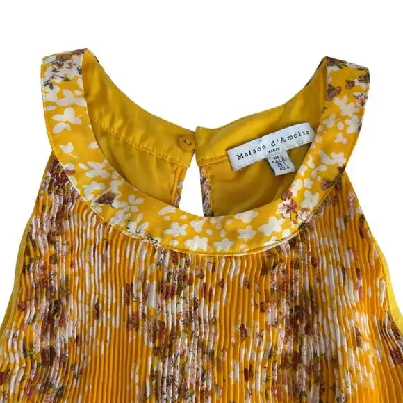 Maison d'Amelie Yellow Floral Pleated Drop Waist Dress Women’s Large Halter Neck - Picture 2 of 8
